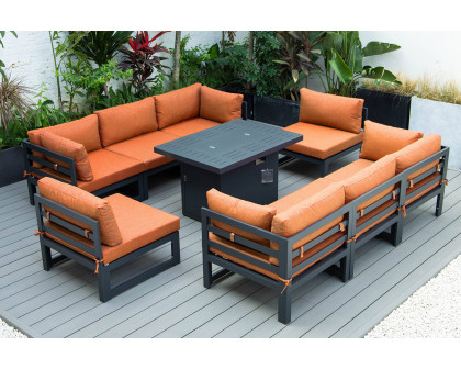 LeisureMod Chelsea 9-Piece Patio Sectional with Fire Pit Table Black Aluminum with Cushions - Orange