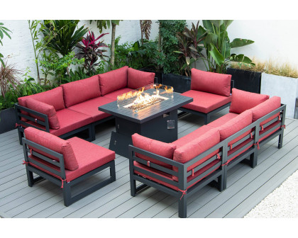 LeisureMod Chelsea 9-Piece Patio Sectional with Fire Pit Table Black Aluminum with Cushions