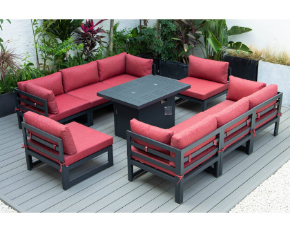 LeisureMod Chelsea 9-Piece Patio Sectional with Fire Pit Table Black Aluminum with Cushions - Red