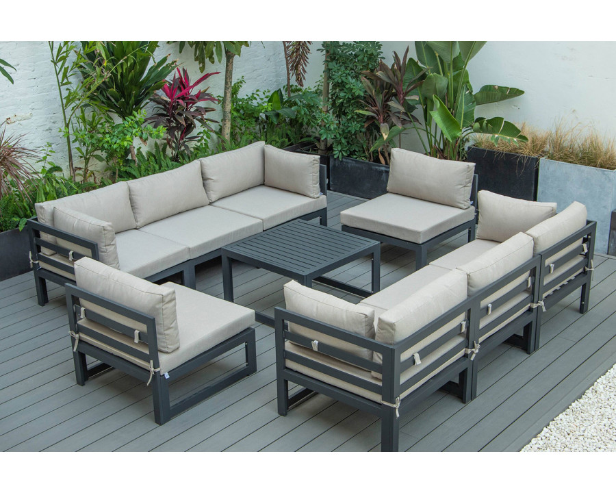 LeisureMod Chelsea 9-Piece Patio Sectional with Coffee Table Black Aluminum with Cushions - Beige