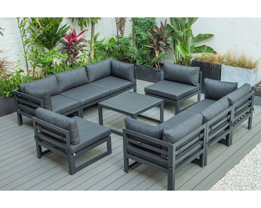 LeisureMod Chelsea 9-Piece Patio Sectional with Coffee Table Black Aluminum with Cushions - Black