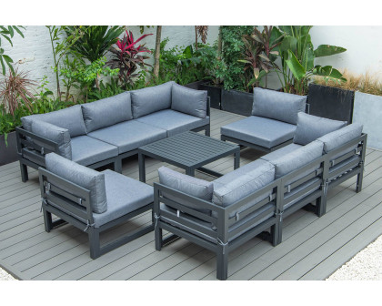 LeisureMod Chelsea 9-Piece Patio Sectional with Coffee Table Black Aluminum with Cushions