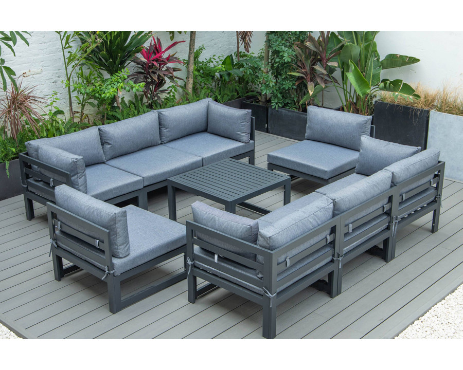 LeisureMod Chelsea 9-Piece Patio Sectional with Coffee Table Black Aluminum with Cushions - Blue