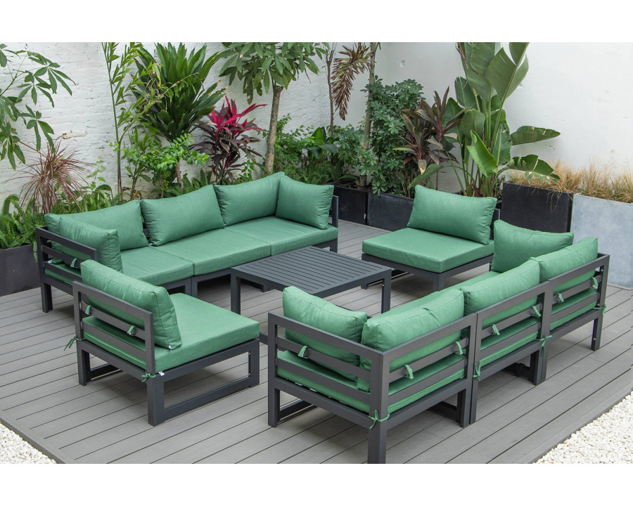 LeisureMod Chelsea 9-Piece Patio Sectional with Coffee Table Black Aluminum with Cushions - Green