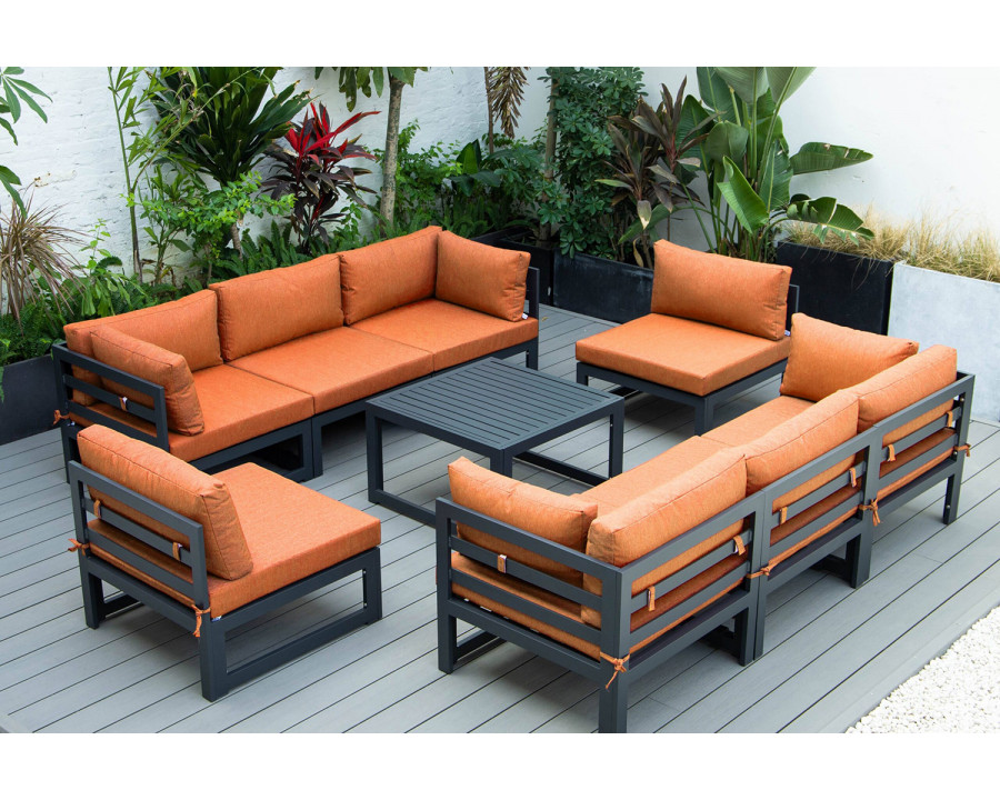 LeisureMod Chelsea 9-Piece Patio Sectional with Coffee Table Black Aluminum with Cushions - Orange