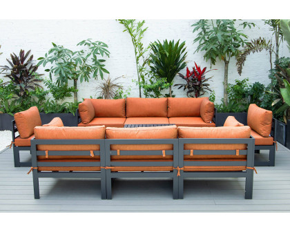 LeisureMod Chelsea 9-Piece Patio Sectional with Coffee Table Black Aluminum with Cushions - Orange