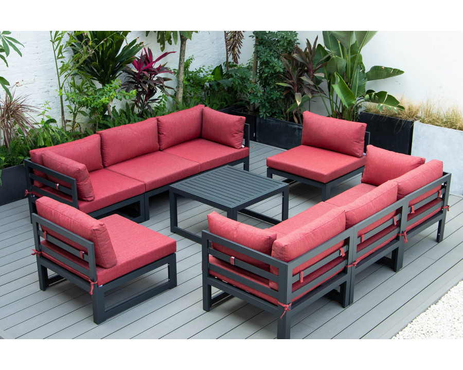 LeisureMod Chelsea 9-Piece Patio Sectional with Coffee Table Black Aluminum with Cushions - Red