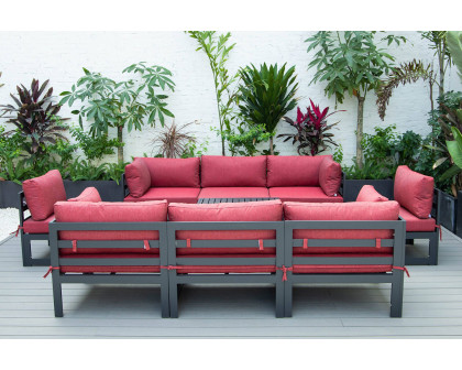 LeisureMod Chelsea 9-Piece Patio Sectional with Coffee Table Black Aluminum with Cushions - Red