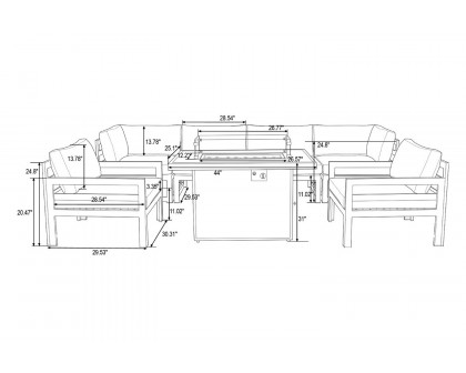 LeisureMod Chelsea 7-Piece Patio Sectional with 2 Arm Chairs and Fire Pit Table Black Aluminum with Cushions - Beige