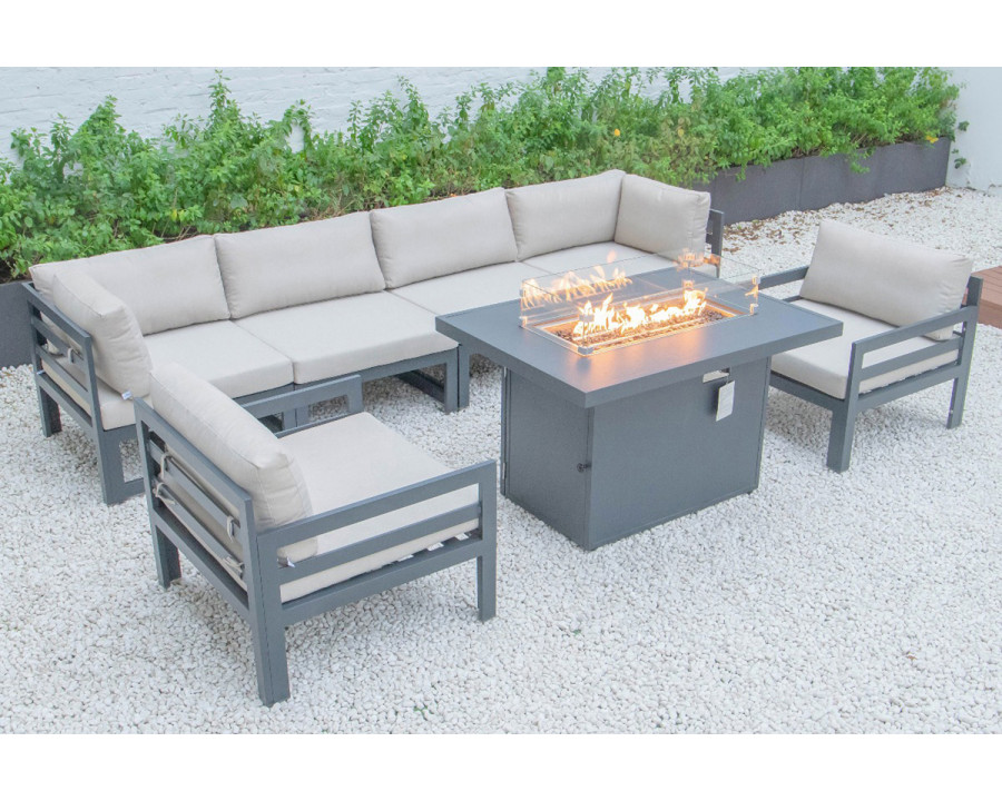 LeisureMod Chelsea 7-Piece Patio Sectional with 2 Arm Chairs and Fire Pit Table Black Aluminum with Cushions - Beige