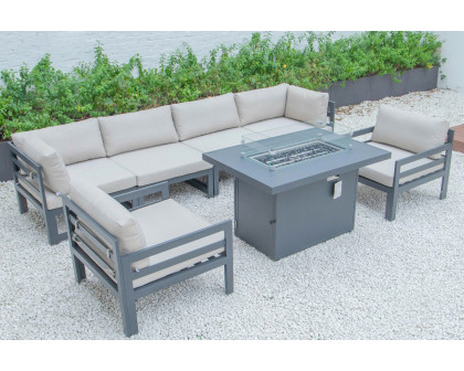 LeisureMod Chelsea 7-Piece Patio Sectional with 2 Arm Chairs and Fire Pit Table Black Aluminum with Cushions - Beige