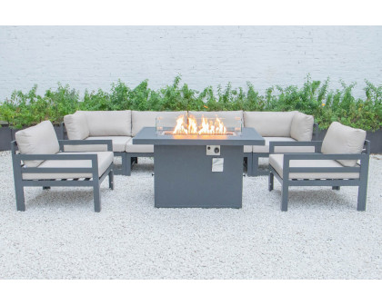 LeisureMod Chelsea 7-Piece Patio Sectional with 2 Arm Chairs and Fire Pit Table Black Aluminum with Cushions - Beige