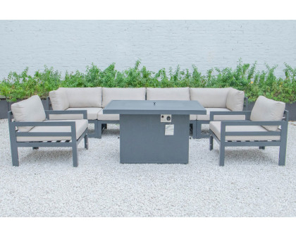 LeisureMod Chelsea 7-Piece Patio Sectional with 2 Arm Chairs and Fire Pit Table Black Aluminum with Cushions - Beige