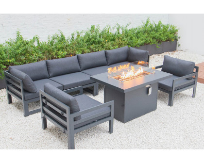 LeisureMod Chelsea 7-Piece Patio Sectional with 2 Arm Chairs and Fire Pit Table Black Aluminum with Cushions