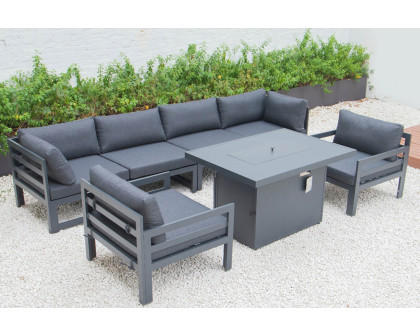 LeisureMod Chelsea 7-Piece Patio Sectional with 2 Arm Chairs and Fire Pit Table Black Aluminum with Cushions - Black