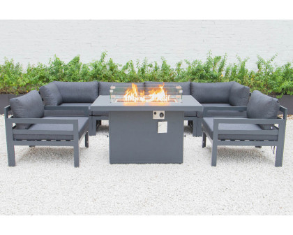 LeisureMod Chelsea 7-Piece Patio Sectional with 2 Arm Chairs and Fire Pit Table Black Aluminum with Cushions - Black