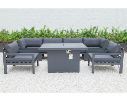 LeisureMod Chelsea 7-Piece Patio Sectional with 2 Arm Chairs and Fire Pit Table Black Aluminum with Cushions - Black