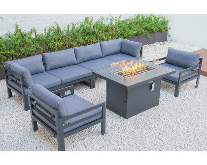 LeisureMod Chelsea 7-Piece Patio Sectional with 2 Arm Chairs and Fire Pit Table Black Aluminum with Cushions