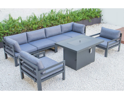 LeisureMod Chelsea 7-Piece Patio Sectional with 2 Arm Chairs and Fire Pit Table Black Aluminum with Cushions - Blue