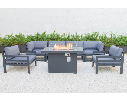 LeisureMod Chelsea 7-Piece Patio Sectional with 2 Arm Chairs and Fire Pit Table Black Aluminum with Cushions - Blue