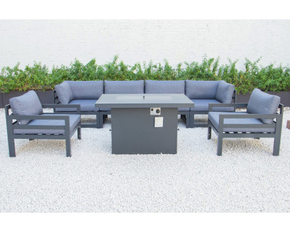 LeisureMod Chelsea 7-Piece Patio Sectional with 2 Arm Chairs and Fire Pit Table Black Aluminum with Cushions - Blue