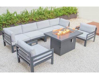 LeisureMod Chelsea 7-Piece Patio Sectional with 2 Arm Chairs and Fire Pit Table Black Aluminum with Cushions