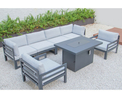 LeisureMod Chelsea 7-Piece Patio Sectional with 2 Arm Chairs and Fire Pit Table Black Aluminum with Cushions - Light Gray