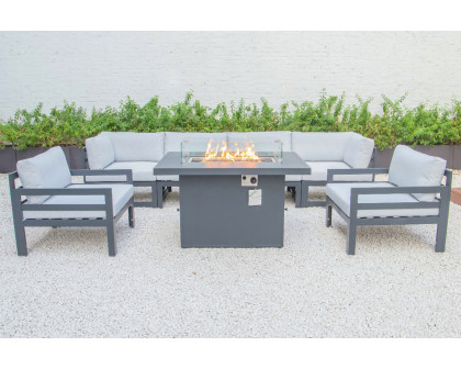 LeisureMod Chelsea 7-Piece Patio Sectional with 2 Arm Chairs and Fire Pit Table Black Aluminum with Cushions - Light Gray