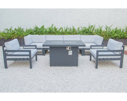 LeisureMod Chelsea 7-Piece Patio Sectional with 2 Arm Chairs and Fire Pit Table Black Aluminum with Cushions - Light Gray