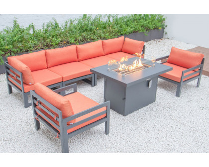 LeisureMod Chelsea 7-Piece Patio Sectional with 2 Arm Chairs and Fire Pit Table Black Aluminum with Cushions