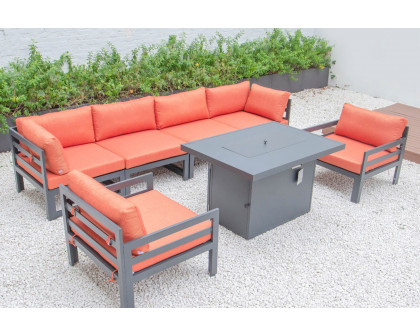 LeisureMod Chelsea 7-Piece Patio Sectional with 2 Arm Chairs and Fire Pit Table Black Aluminum with Cushions - Orange