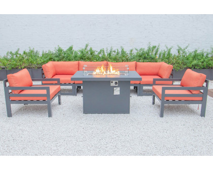 LeisureMod Chelsea 7-Piece Patio Sectional with 2 Arm Chairs and Fire Pit Table Black Aluminum with Cushions - Orange