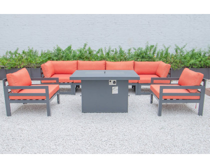 LeisureMod Chelsea 7-Piece Patio Sectional with 2 Arm Chairs and Fire Pit Table Black Aluminum with Cushions - Orange