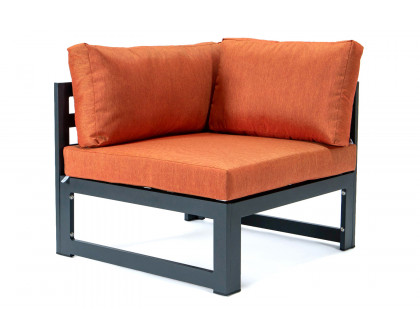 LeisureMod Chelsea 7-Piece Patio Sectional with 2 Arm Chairs and Fire Pit Table Black Aluminum with Cushions - Orange