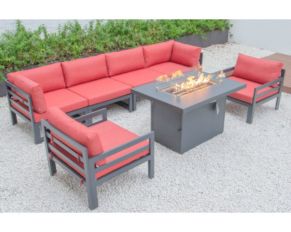 LeisureMod Chelsea 7-Piece Patio Sectional with 2 Arm Chairs and Fire Pit Table Black Aluminum with Cushions