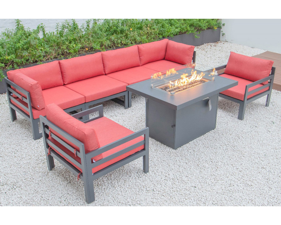 LeisureMod Chelsea 7-Piece Patio Sectional with 2 Arm Chairs and Fire Pit Table Black Aluminum with Cushions - Red