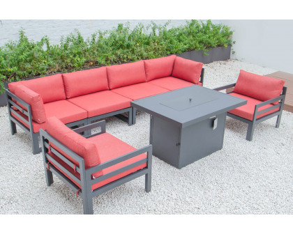 LeisureMod Chelsea 7-Piece Patio Sectional with 2 Arm Chairs and Fire Pit Table Black Aluminum with Cushions - Red