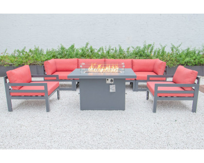 LeisureMod Chelsea 7-Piece Patio Sectional with 2 Arm Chairs and Fire Pit Table Black Aluminum with Cushions - Red