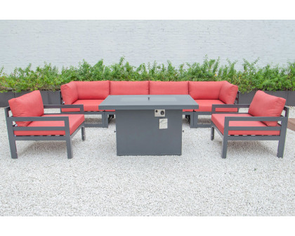 LeisureMod Chelsea 7-Piece Patio Sectional with 2 Arm Chairs and Fire Pit Table Black Aluminum with Cushions - Red