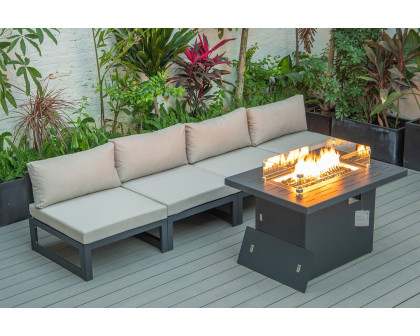 LeisureMod Chelsea 5-Piece Middle Patio Chairs and Fire Pit Table Set Black Aluminum with Cushions - Beige