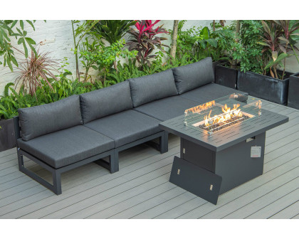 LeisureMod Chelsea 5-Piece Middle Patio Chairs and Fire Pit Table Set Black Aluminum with Cushions - Black