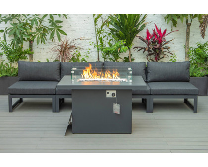 LeisureMod Chelsea 5-Piece Middle Patio Chairs and Fire Pit Table Set Black Aluminum with Cushions - Black