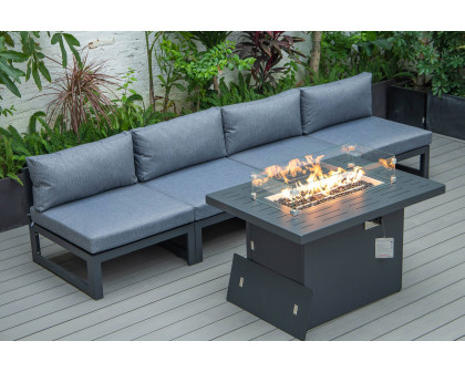 LeisureMod Chelsea 5-Piece Middle Patio Chairs and Fire Pit Table Set Black Aluminum with Cushions - Blue