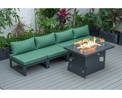 LeisureMod Chelsea 5-Piece Middle Patio Chairs and Fire Pit Table Set Black Aluminum with Cushions - Green