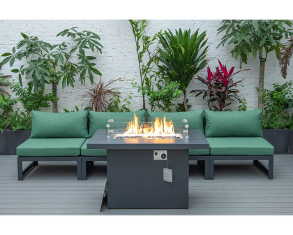 LeisureMod Chelsea 5-Piece Middle Patio Chairs and Fire Pit Table Set Black Aluminum with Cushions - Green