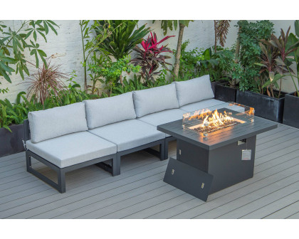 LeisureMod Chelsea 5-Piece Middle Patio Chairs and Fire Pit Table Set Black Aluminum with Cushions - Light Gray