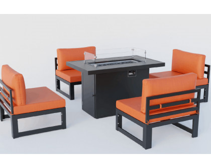 LeisureMod Chelsea 5-Piece Middle Patio Chairs and Fire Pit Table Set Black Aluminum with Cushions - Orange