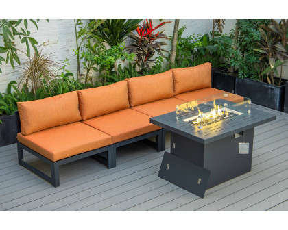 LeisureMod Chelsea 5-Piece Middle Patio Chairs and Fire Pit Table Set Black Aluminum with Cushions - Orange