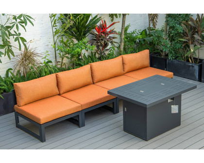 LeisureMod Chelsea 5-Piece Middle Patio Chairs and Fire Pit Table Set Black Aluminum with Cushions - Orange