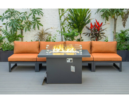 LeisureMod Chelsea 5-Piece Middle Patio Chairs and Fire Pit Table Set Black Aluminum with Cushions - Orange